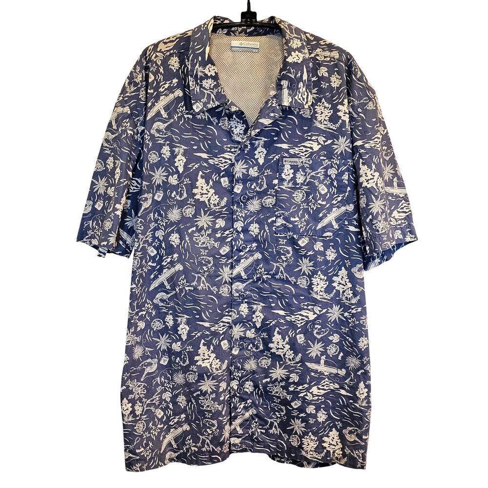 Columbia PFG Short Sleeve Fishing Shirt Vented Mesh Blue White Mens M